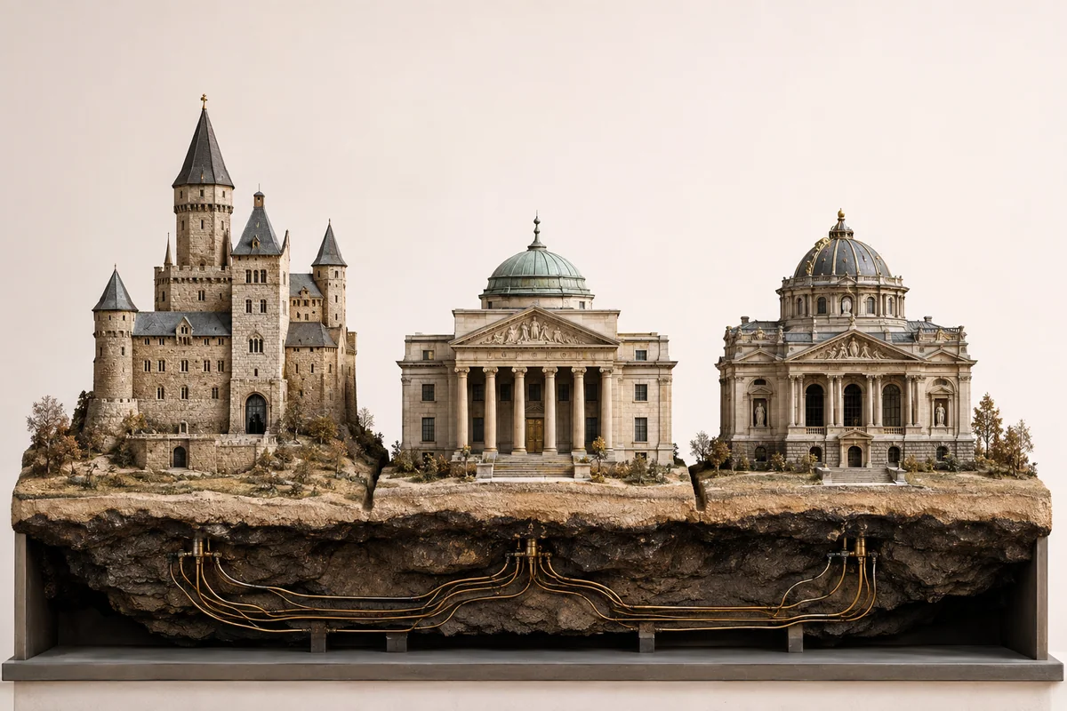 Ein Schloss, ein Bankgebäude und ein Museum stehen getrennt, doch unter ihren Fundamenten verbinden sie dünne goldene Fäden wie Wurzeln.