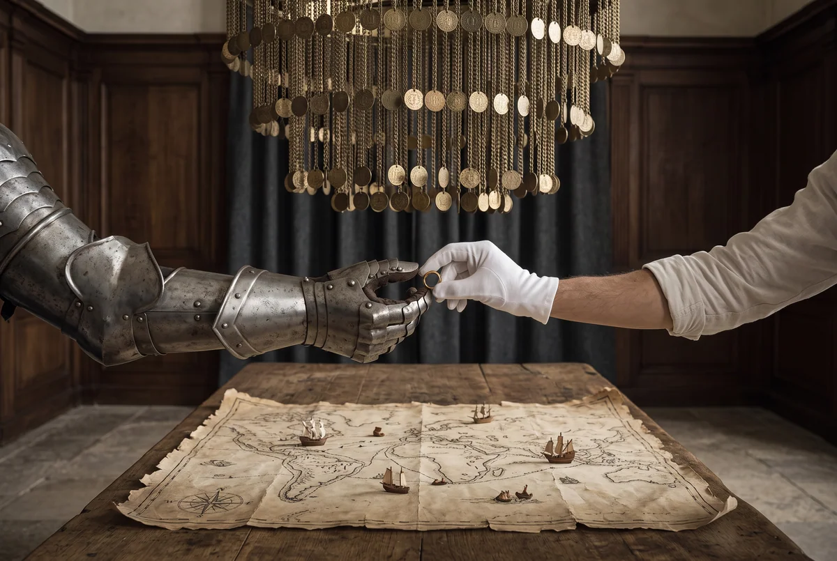 Über einem Kartentisch mit kleinen Schiffen halten ein Panzerhandschuh und eine weiß behandschuhte Hand gemeinsam einen goldenen Ring; darüber hängt ein Kronleuchter aus Münzen.