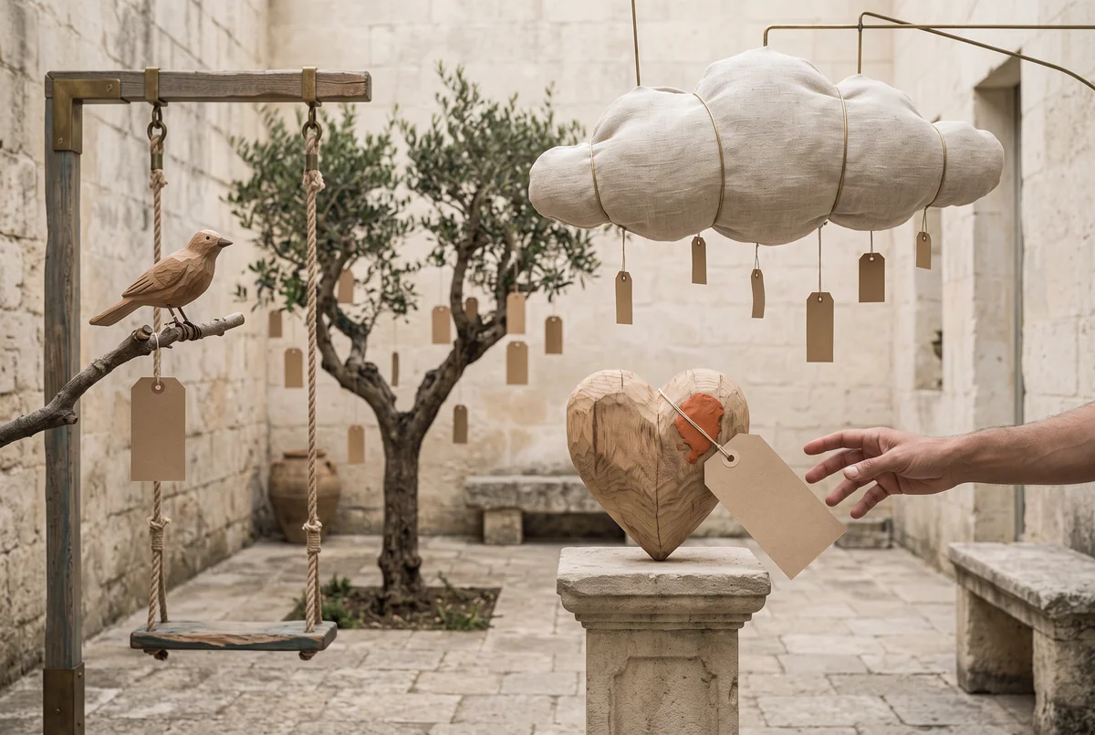 Ein stiller Garten, an dem überall leere Preisschilder hängen: am Baum, an einem geschnitzten Vogel, an einer Wolke aus Leinen, an einer Schaukel. In der Mitte ein hölzernes Herz mit dem größten Schild, eine Hand greift danach.