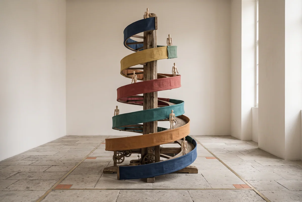 Eine aufsteigende Spiralrampe aus acht farbigen Bändern; auf verschiedenen Bändern stehen kleine Figuren.