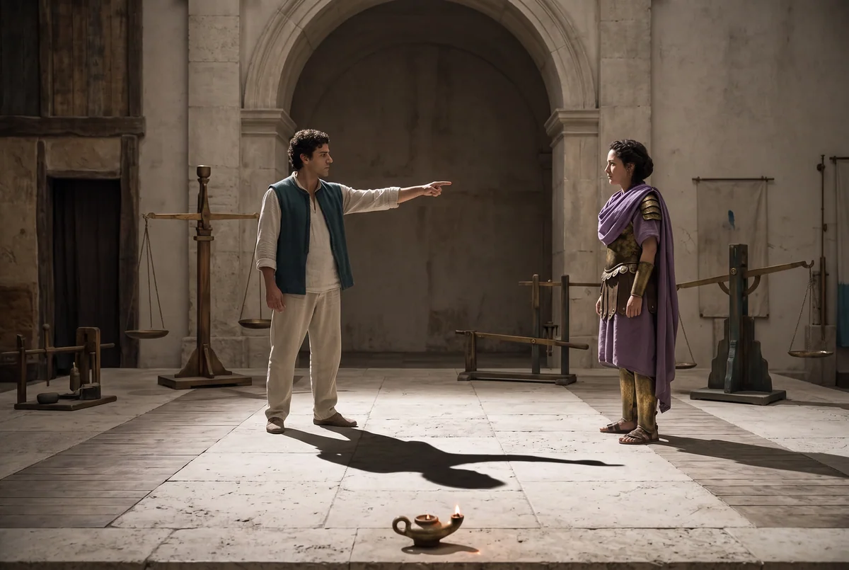 A person points accusingly at another; their own shadow points back at them.