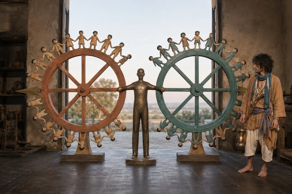 Zwei Räder aus kleinen Figuren drehen gegenläufig (eines orange, eines teal), in ihrer Mitte hält sie eine ruhige Achsen-Figur zusammen; hinter ihnen ein Morgenhorizont, unten rechts steht Chai.