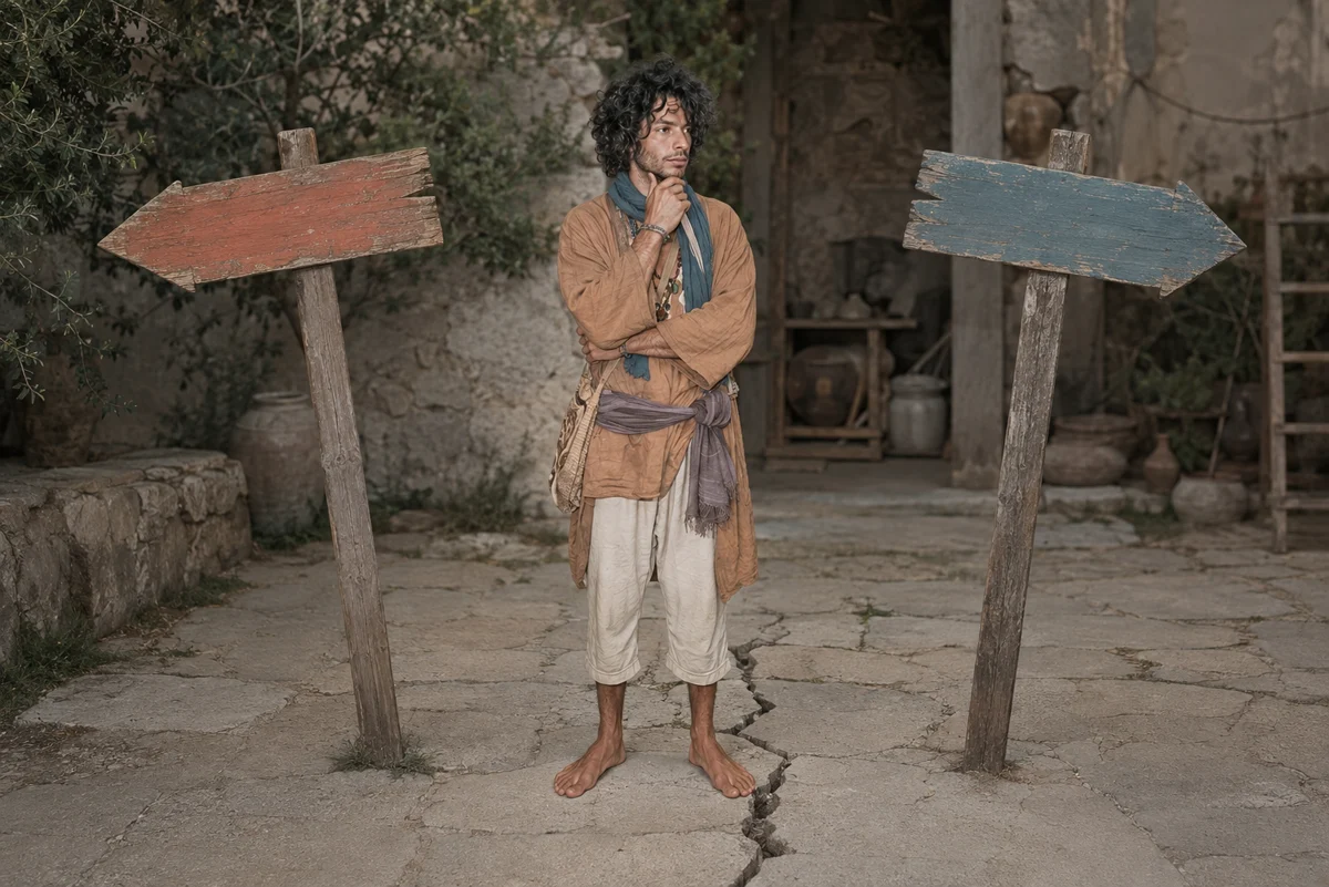 Eine nachdenkliche Figur steht zwischen zwei gekippten Wegweisern, die in entgegengesetzte Richtungen zeigen (einer orange, einer teal); ein feiner Riss läuft über den Boden zwischen ihren Füßen.
