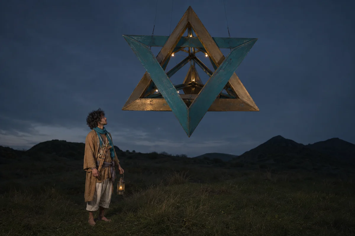 Ein leuchtender Stern-Tetraeder aus verschränkten Gold- und Teal-Dreiecken schwebt über einer nächtlichen Wiese; klein am unteren Rand blickt Chai mit gesenkter Laterne hinauf.