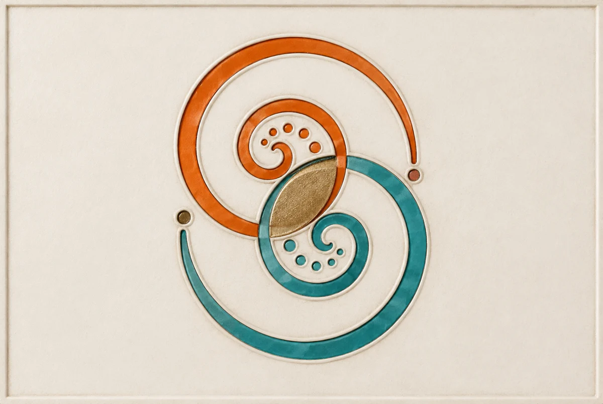 Zwei ineinandergreifende Spiralen auf Elfenbein, eine orange, eine teal, die sich in der Mitte in einer goldenen Linse überlagern.