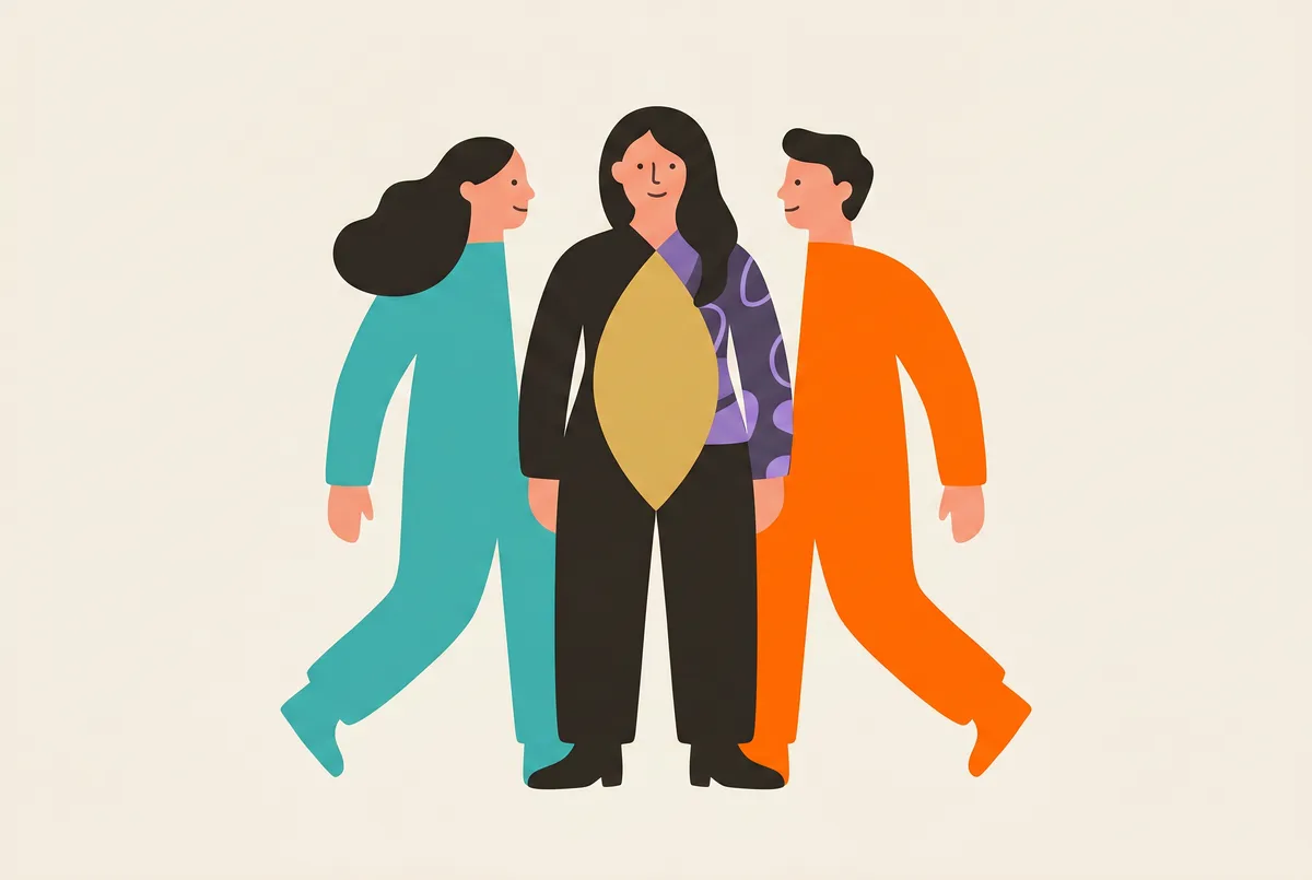 Zwei Halbfiguren (eine in Teal, eine in Orange) verschmelzen in der Mitte zu einem ganzen Menschen; die Überlappung glüht golden wie eine Vesica.