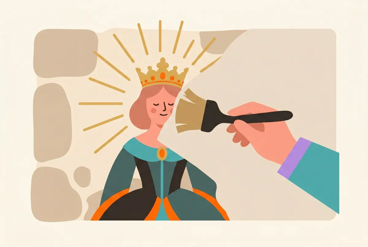 Ein Wandbild einer gekrönten weiblichen Gestalt, zur Hälfte übergipst; eine Hand legt sie mit einem Pinsel wieder frei, aus der freigelegten Hälfte strahlt Gold.