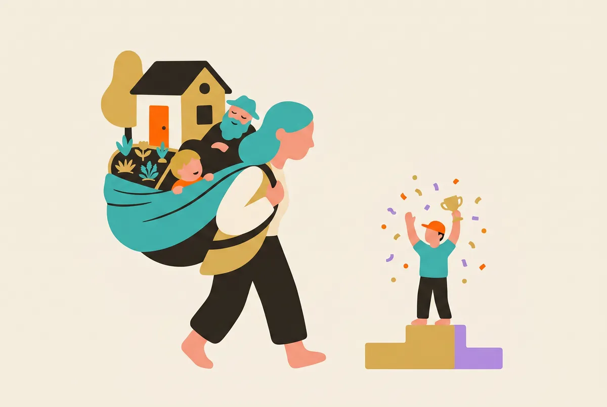 Eine Frau trägt eine ganze kleine Welt auf dem Rücken: Haus, Kind, Garten und einen alten Menschen. Im Vordergrund feiert ein Podium einen Mann mit einem winzigen Pokal.