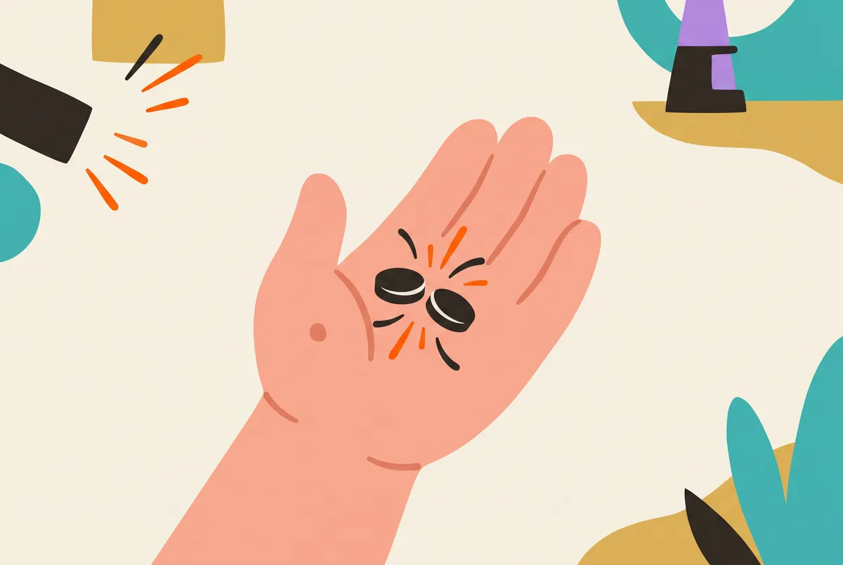 Zwei winzige Magnete schnappen in einer Kinderhand zusammen.