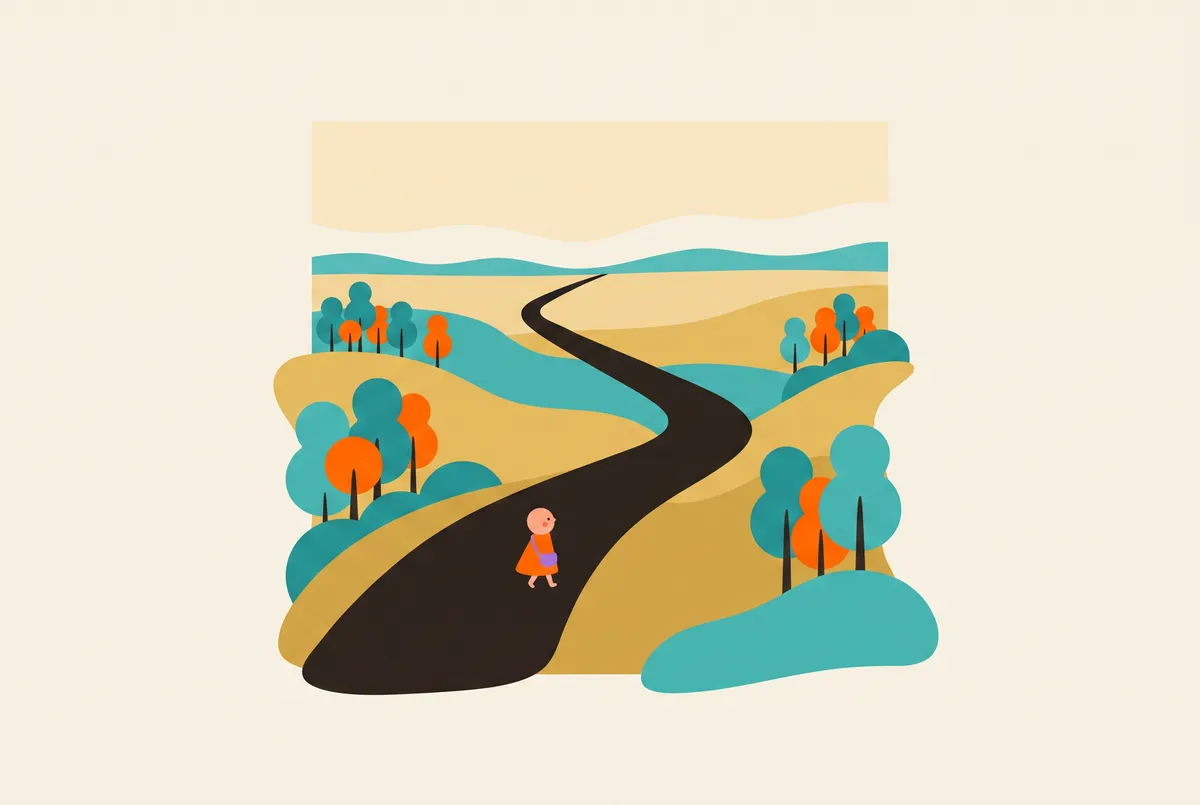 Eine Straße führt zum fernen Horizont, auf der eine kleine Gestalt sich nähert.