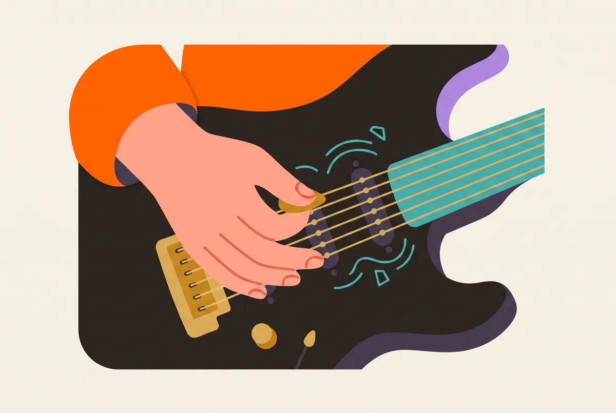 Eine Hand schlägt die Saiten einer E-Gitarre an, unter denen kleine Magnete sitzen.