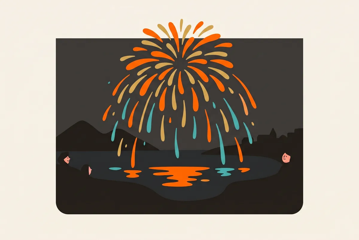 Ein Feuerwerk explodiert tiefrot über einer dunklen Bucht.