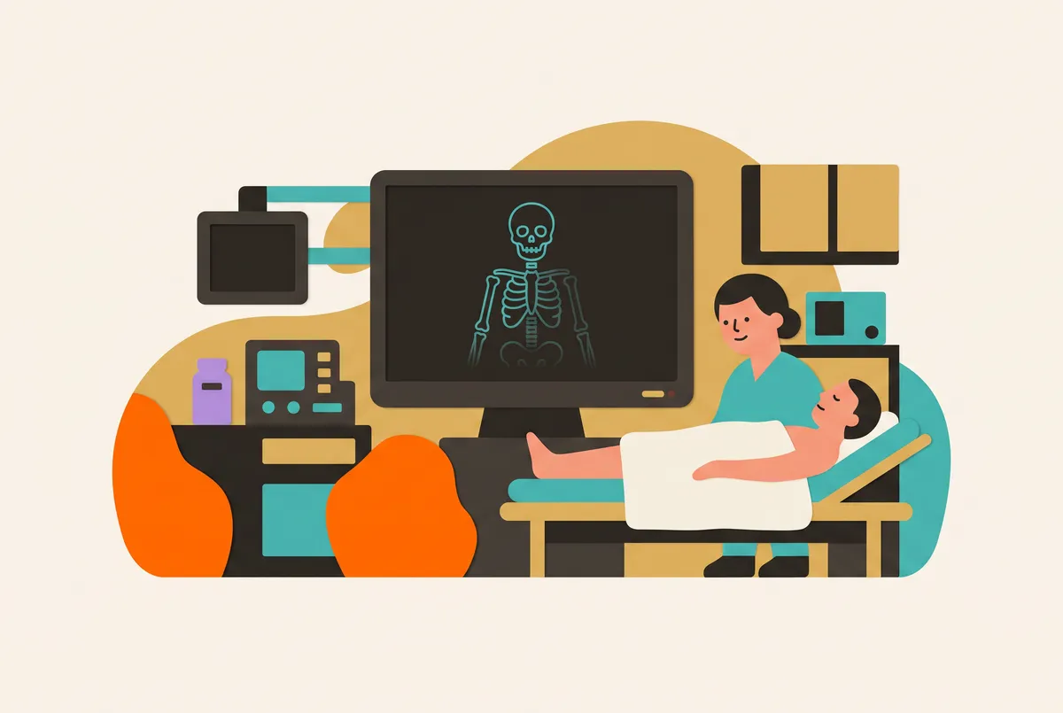 Auf einem Klinikmonitor zeichnet sich langsam das leuchtende Umrissbild eines Skeletts ab.