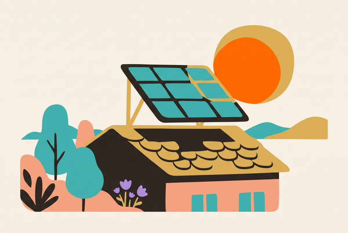 Ein Solarmodul ist auf einem Flachdach zur Nachmittagssonne geneigt.