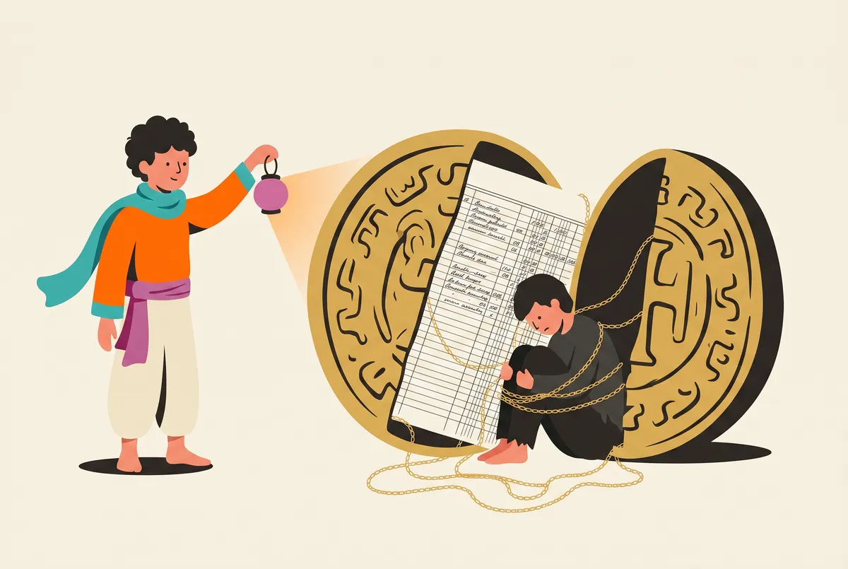Eine riesige Goldmünze ist wie ein Medaillon aufgeklappt; innen eine handgeschriebene Schuldbuch-Seite, deren Zeilen als Ketten um eine kleine gebeugte Gestalt laufen. Von links leuchtet Chai hinein.