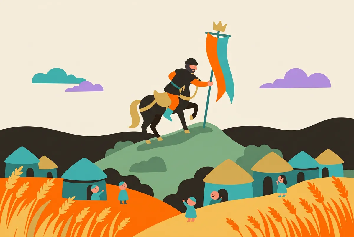 Ein umherziehender Räuber steigt über einem kleinen Dorf vom Pferd und rammt ein Banner mit goldener Krone in den Hügel.