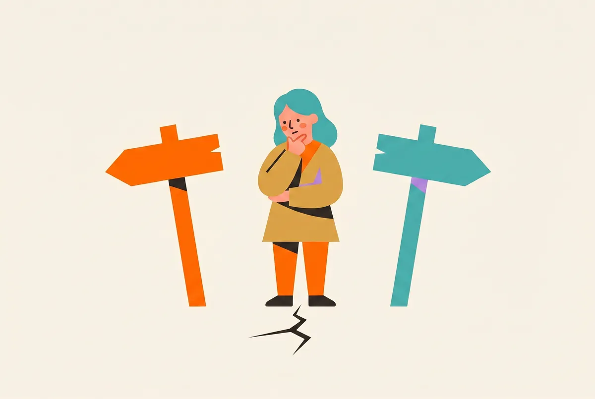 Eine nachdenkliche Figur steht zwischen zwei gekippten Wegweisern, die in entgegengesetzte Richtungen zeigen (einer orange, einer teal); ein feiner Riss läuft über den Boden zwischen ihren Füßen.