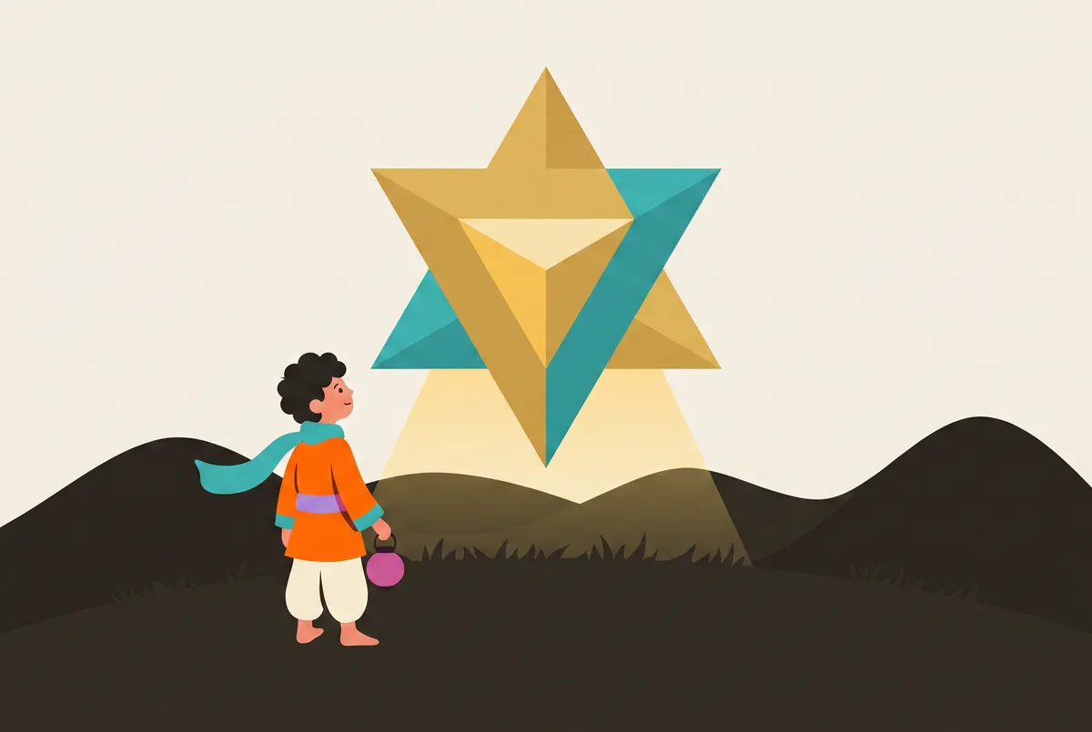 Ein leuchtender Stern-Tetraeder aus verschränkten Gold- und Teal-Dreiecken schwebt über einer nächtlichen Wiese; klein am unteren Rand blickt Chai mit gesenkter Laterne hinauf.