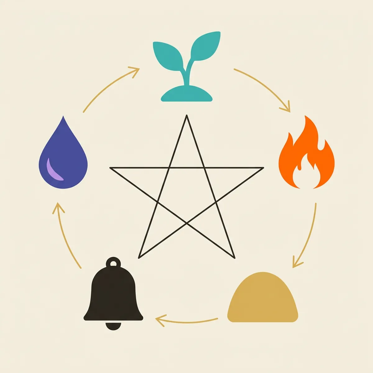 Fünf Wu-Xing-Sinnbilder im Ring: Spross, Flamme, Erdhügel, Klinge und Wassertropfen, verbunden durch Ring und Stern.