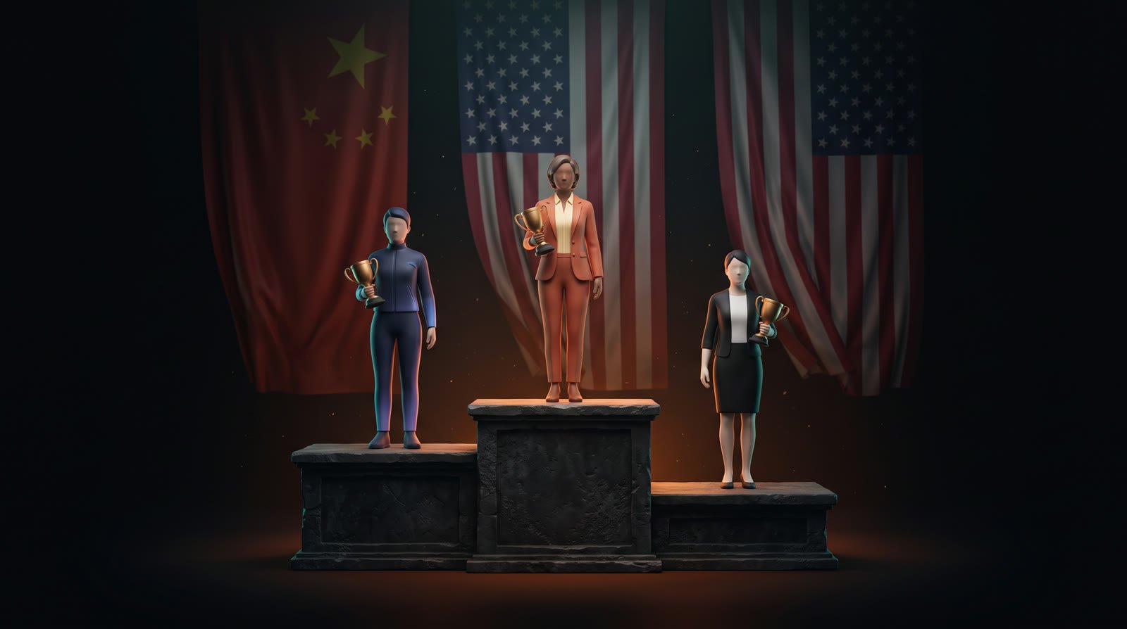 Drei kleine Figuren mit goldenen Pokalen auf einem dunklen Siegerpodest: in der Mitte Platz 1 in Terrakotta vor US-Flagge, links Platz 2 in Nachtblau vor der Flagge Chinas, rechts Platz 3 in Schwarz-Weiß vor US-Flagge.